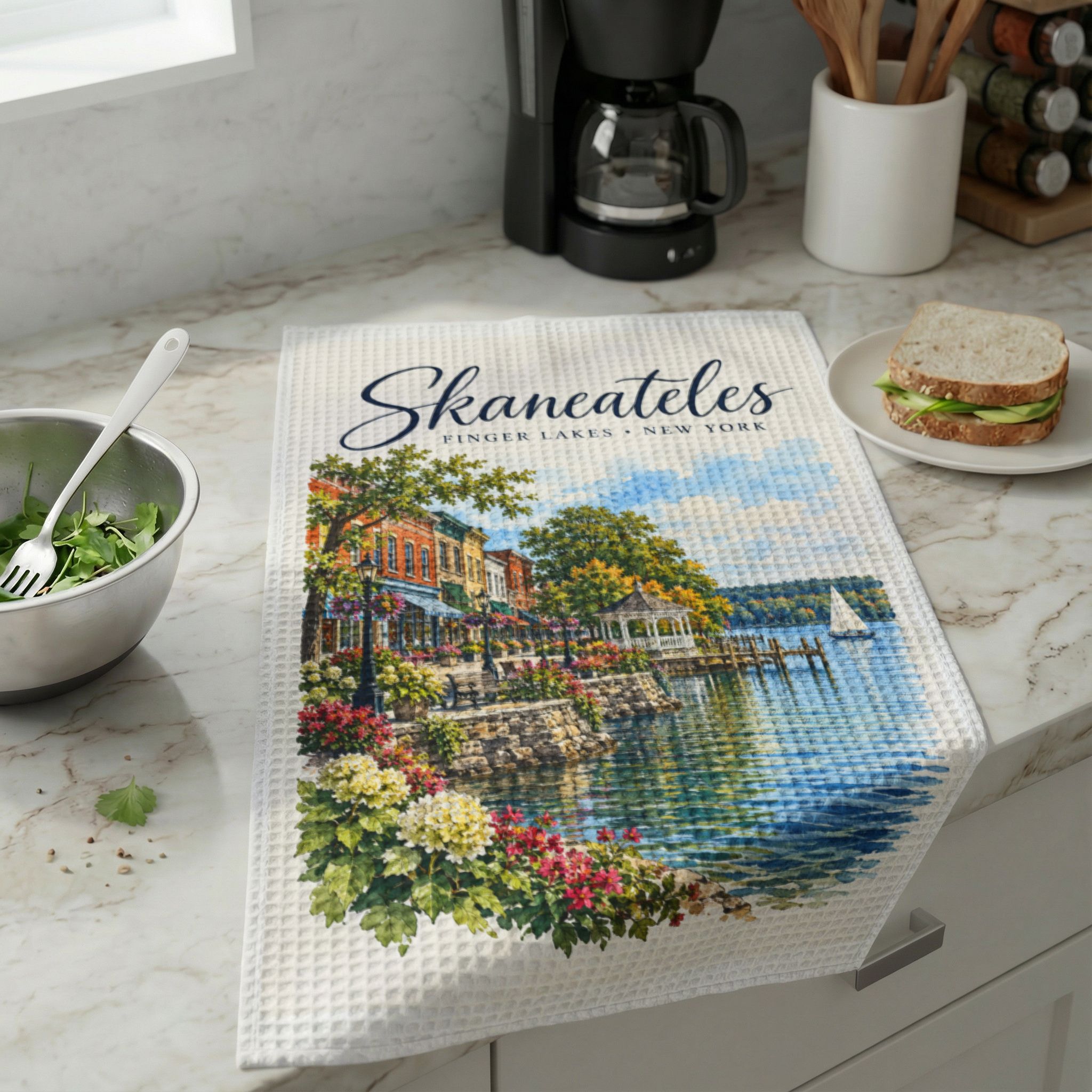 Skaneateles Tea Towel – Finger Lakes Watercolor Village Collection - Image 2